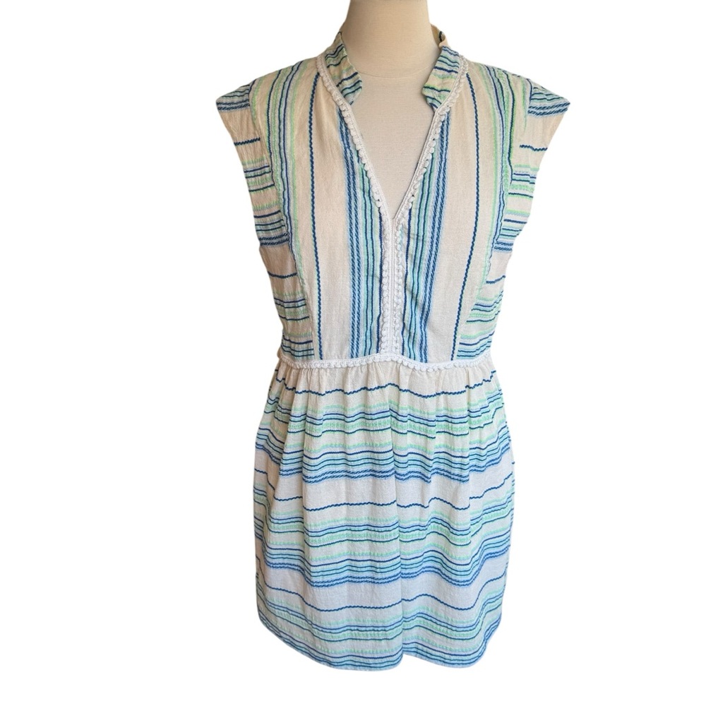 Vineyard Vines Dress Women Large Beige Blue Sleeveless Pom A-line Preppy Stripes
